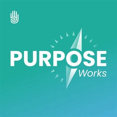 Illustration of the text 'Purpose Works' on a green background with a compass design and a hand logo in the corner.