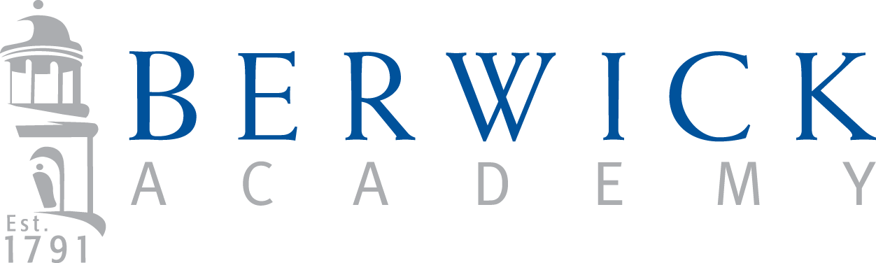 Logo of Berwick Academy featuring blue text and a tower illustration
