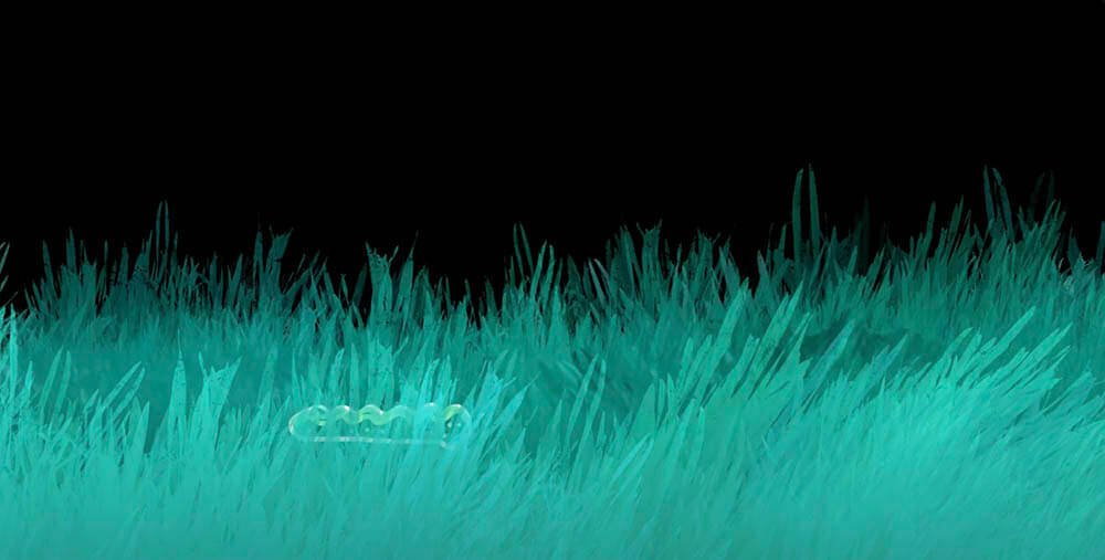 Digital art of glowing teal grass with a clear caterpillar on top against a black background.