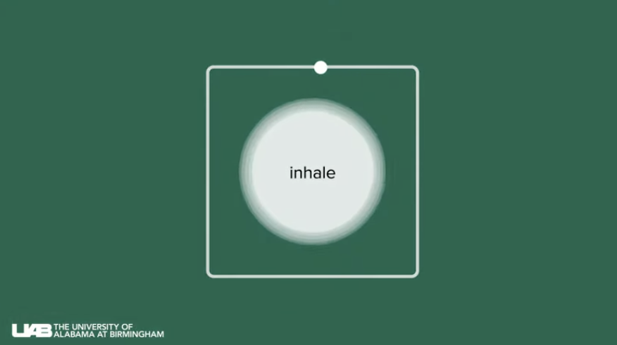 A graphic with a green background and a white circle in the center containing the word "inhale." Below, a logo for the University of Alabama at Birmingham is visible.