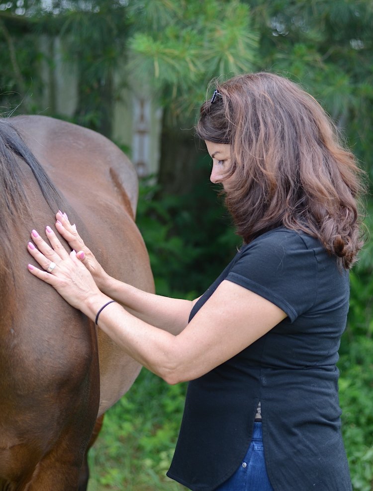 A woman with long brown hair gently touching a horse's back, surrounded by greenery.