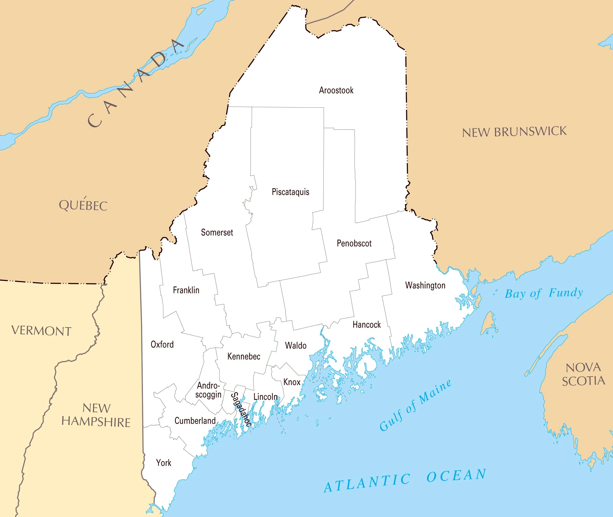 Map of the U.S. state of Maine showing its counties, with borders to Canada, Québec, New Brunswick, Vermont, and New Hampshire, adjacent to the Gulf of Maine and the Atlantic Ocean.