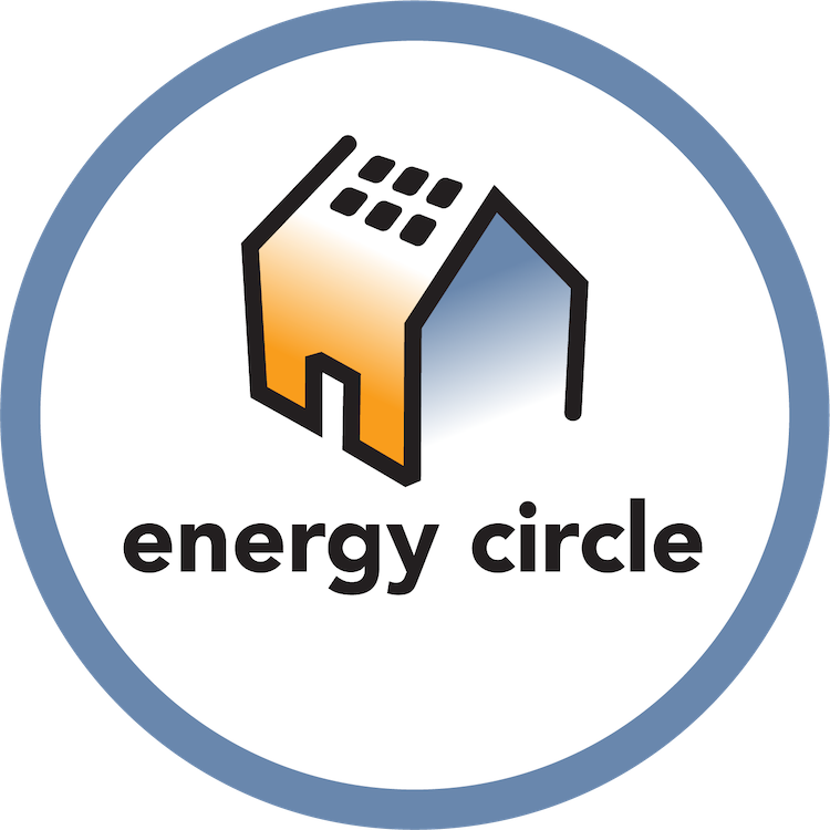Logo of "energy circle" featuring an abstract house with solar panels and gradient colors, encircled by a blue ring.