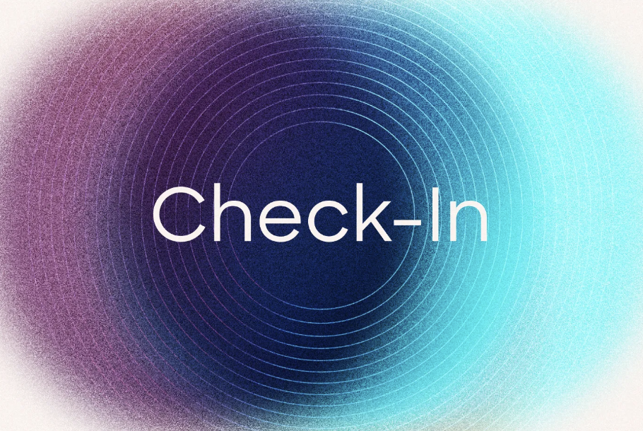 Text 'Check-In' overlaid on a gradient background with concentric circles radiating from the center, featuring purple on the left and blue on the right.