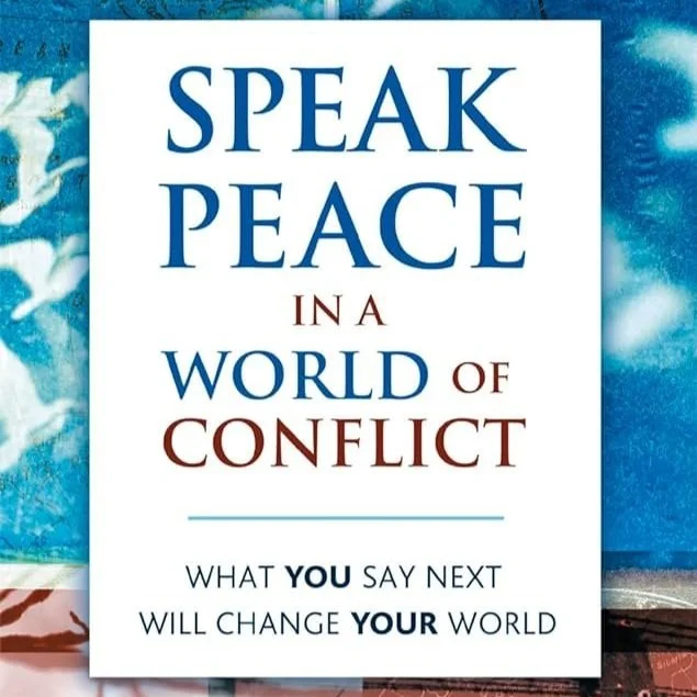 "Speak Peace in a World of Conflict" book cover with blue and white abstract background.