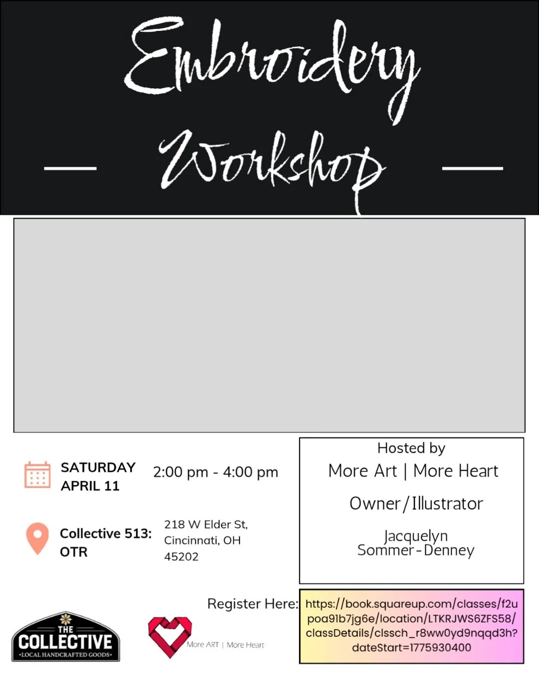 April 11th 2-4 at the Collective 513 in OTR, Register for my super fun Embroidery Workshop. It's perfect for all levels. Every Registration includes Hoop, Needle, Floss, printed MAMH Lucky Cat illustrated by Jacquelyn Sommer-Denney See Space is limit