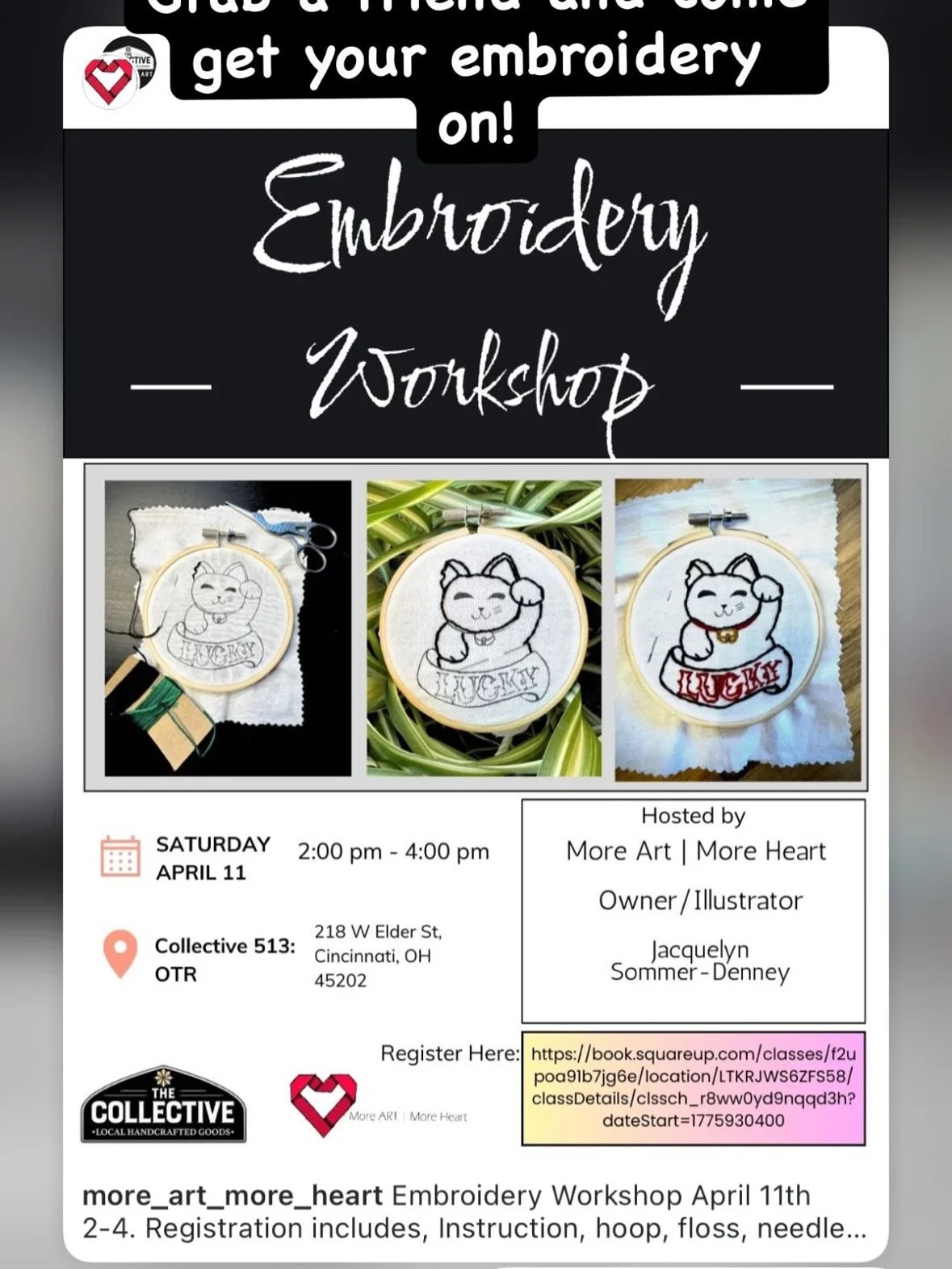 Embroidery work shop Saturday at the collective in OTR.  Come learn intro embroidery, take a few hours for yourself or grab a friend. This is perfect for those new embroidery are those who would love just to relax with a little craft time.  Check the