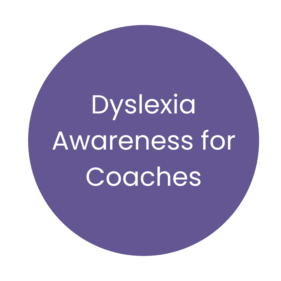 Purple circle with white text that reads "Dyslexia Awareness for Coaches".