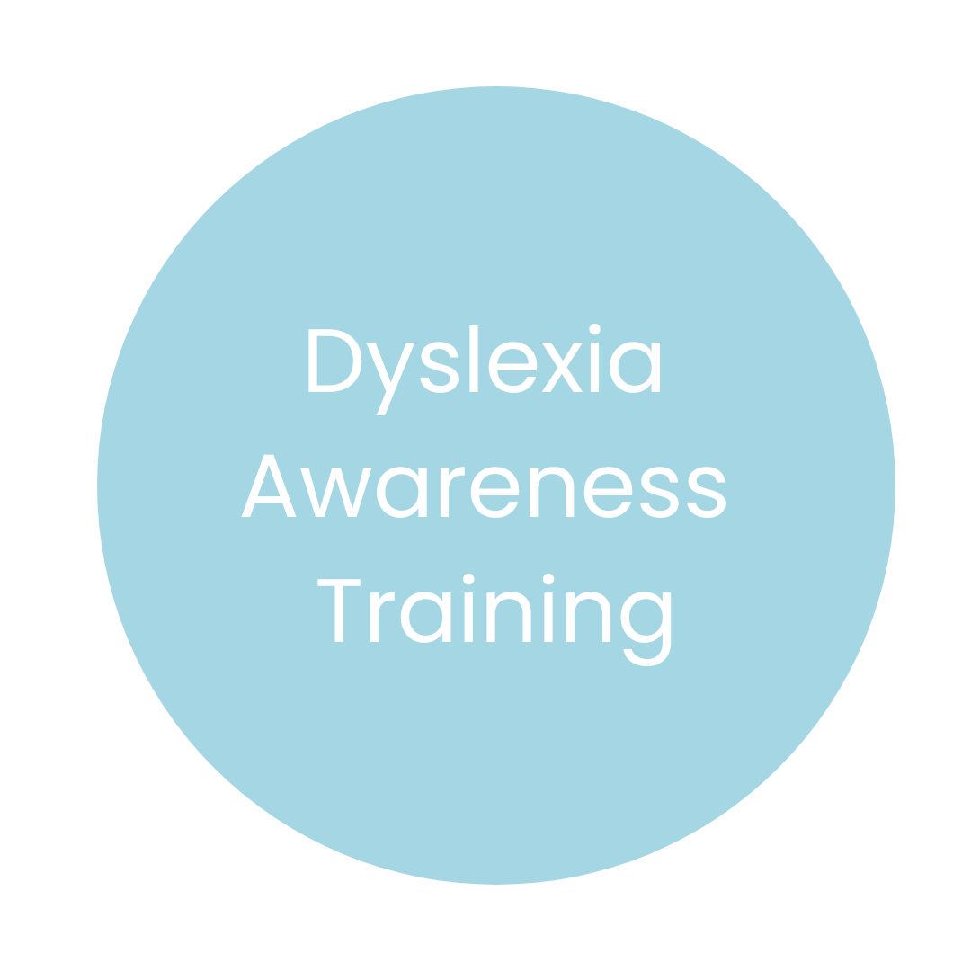 A light blue circle with white text that reads 'Dyslexia Awareness Training'.