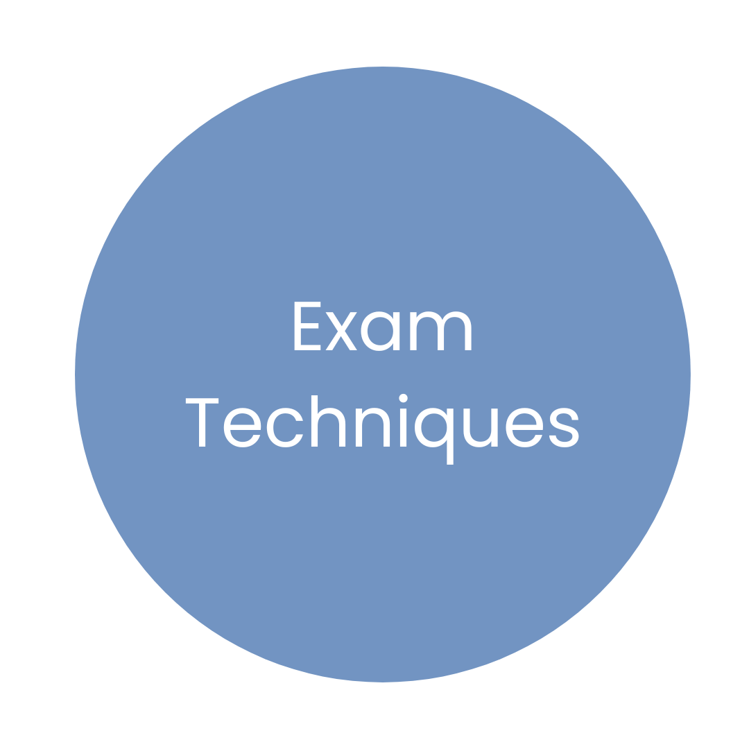 Blue circular graphic with white text that says 'Exam Techniques'.