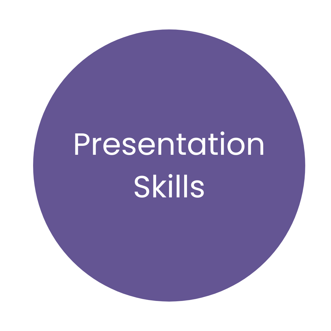 Purple circle with white text reading 'Presentation Skills'