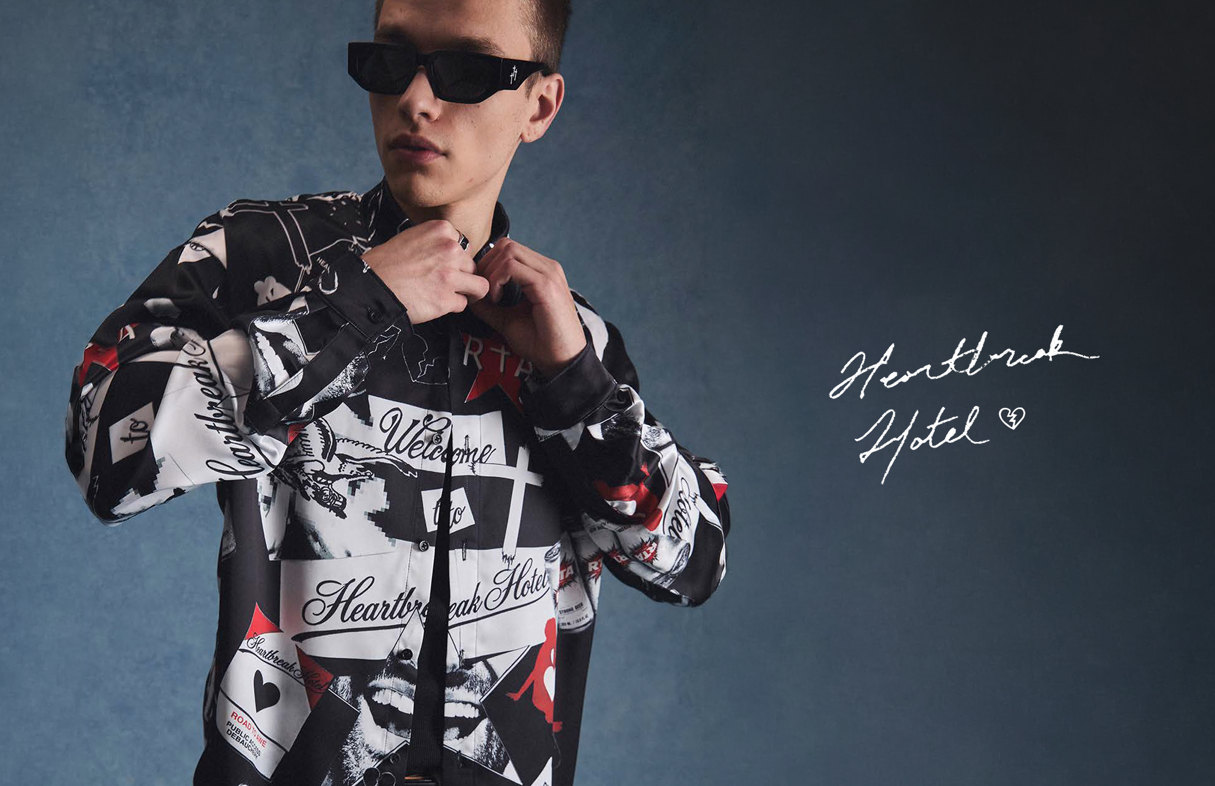 RtA Heartbreak Hotel, model in a printed shirt