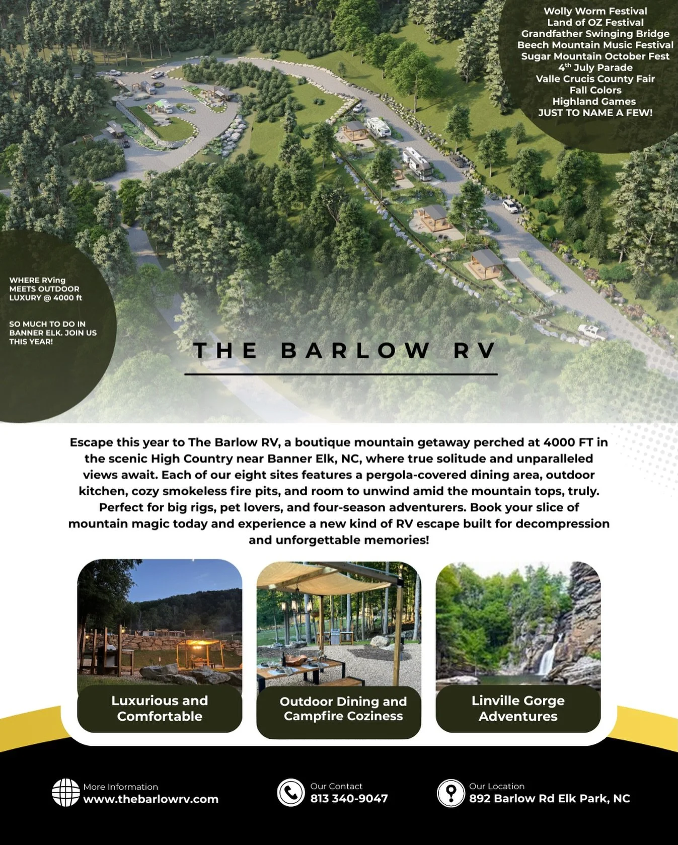 Escape this year to The Barlow RV, a boutique mountain getaway perched at 4000 FT in the scenic High Country near Banner Elk, NC, where true solitude and unparalleled views await. Each of our eight sites features a pergola-covered dining area, outdoo