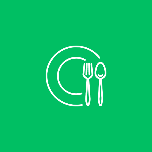 Icon of a plate with fork and spoon on green background