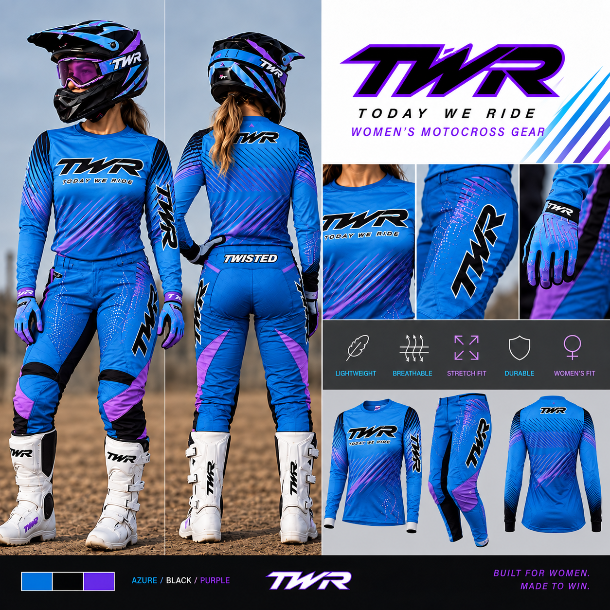 TWR Womens MX Riding Gear, Blue, Purple, Black.PNG