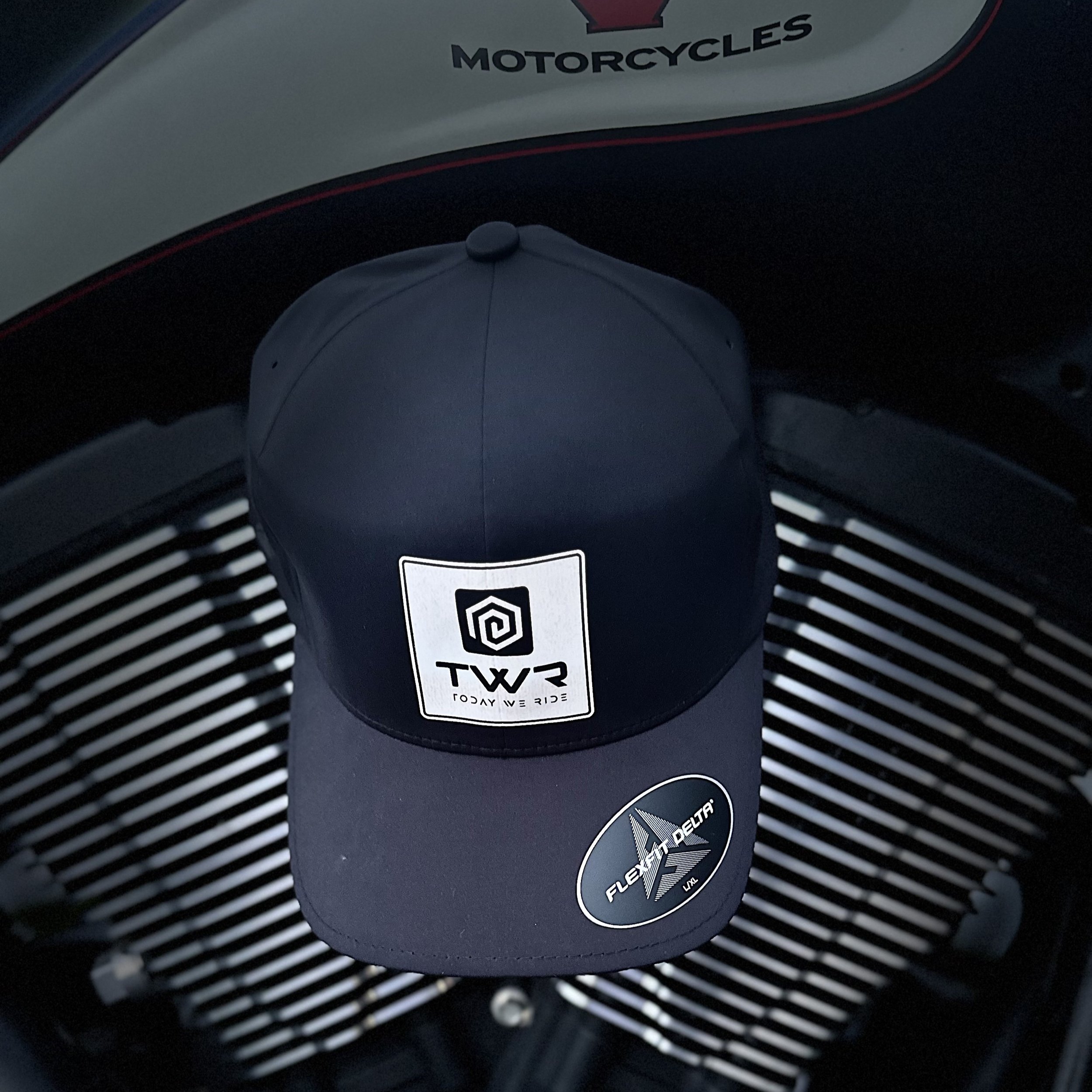 Today We Ride Black Flexfit Delta Hat Square Logo Motor Background.jpeg