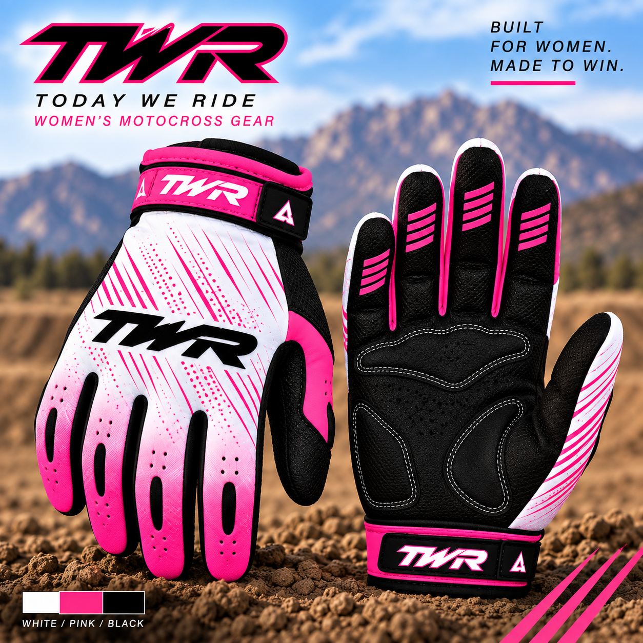 TWR Womens MX Riding Gear, White, Pink, Black, Gloves.PNG