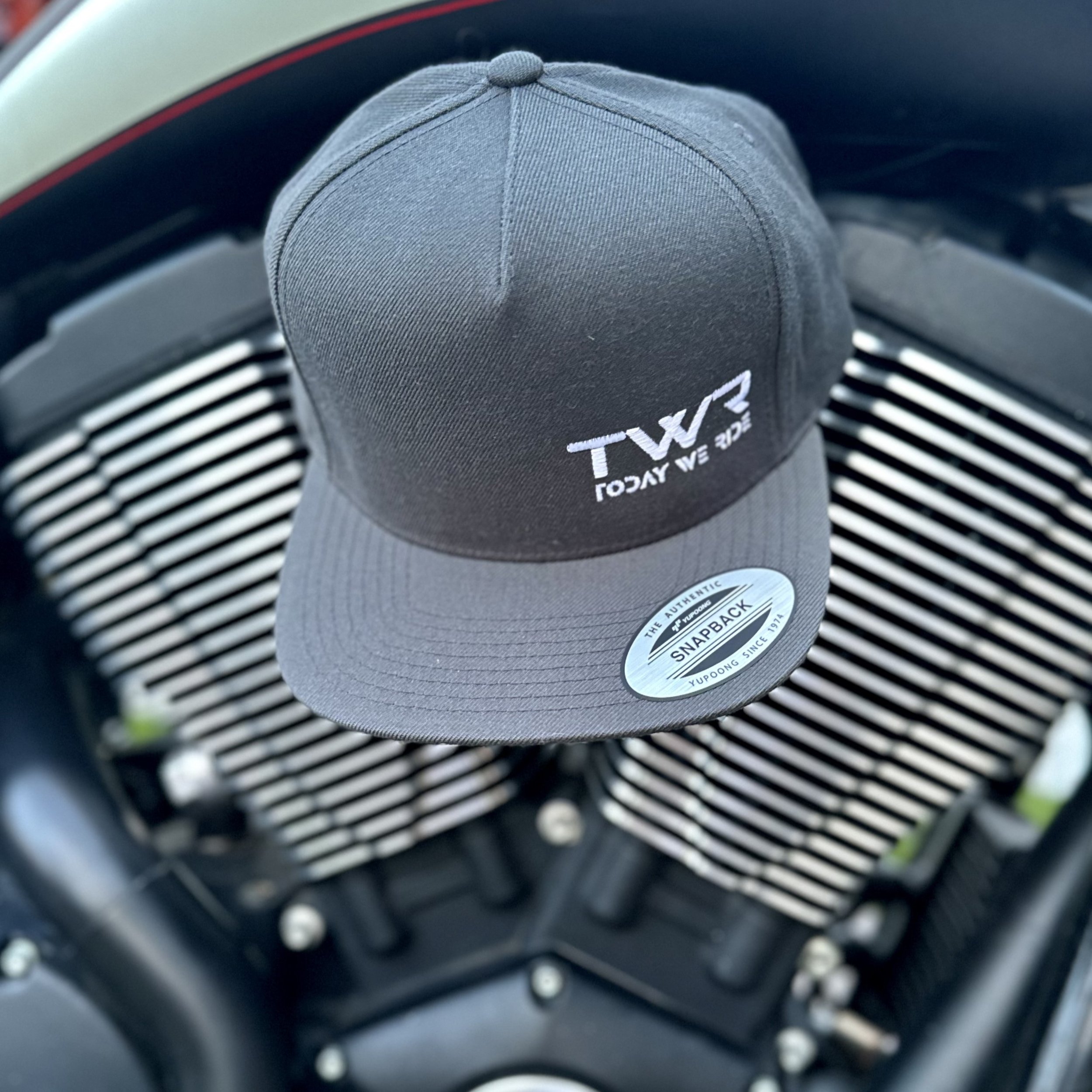 TWR Today We Ride Gray Flatbill Hat Motor Background (2).jpeg