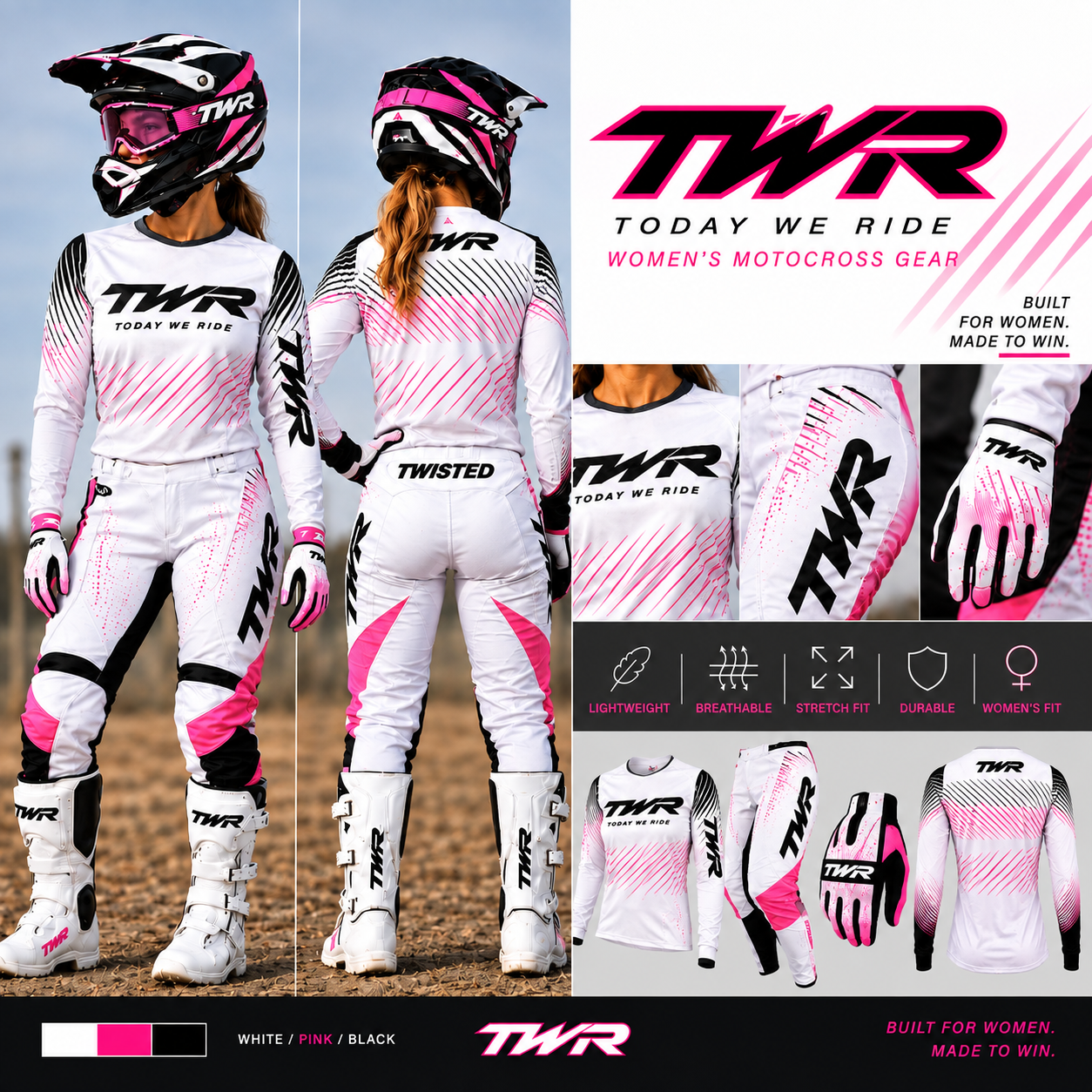 TWR Womens MX Riding Gear, White, Pink, Black.PNG