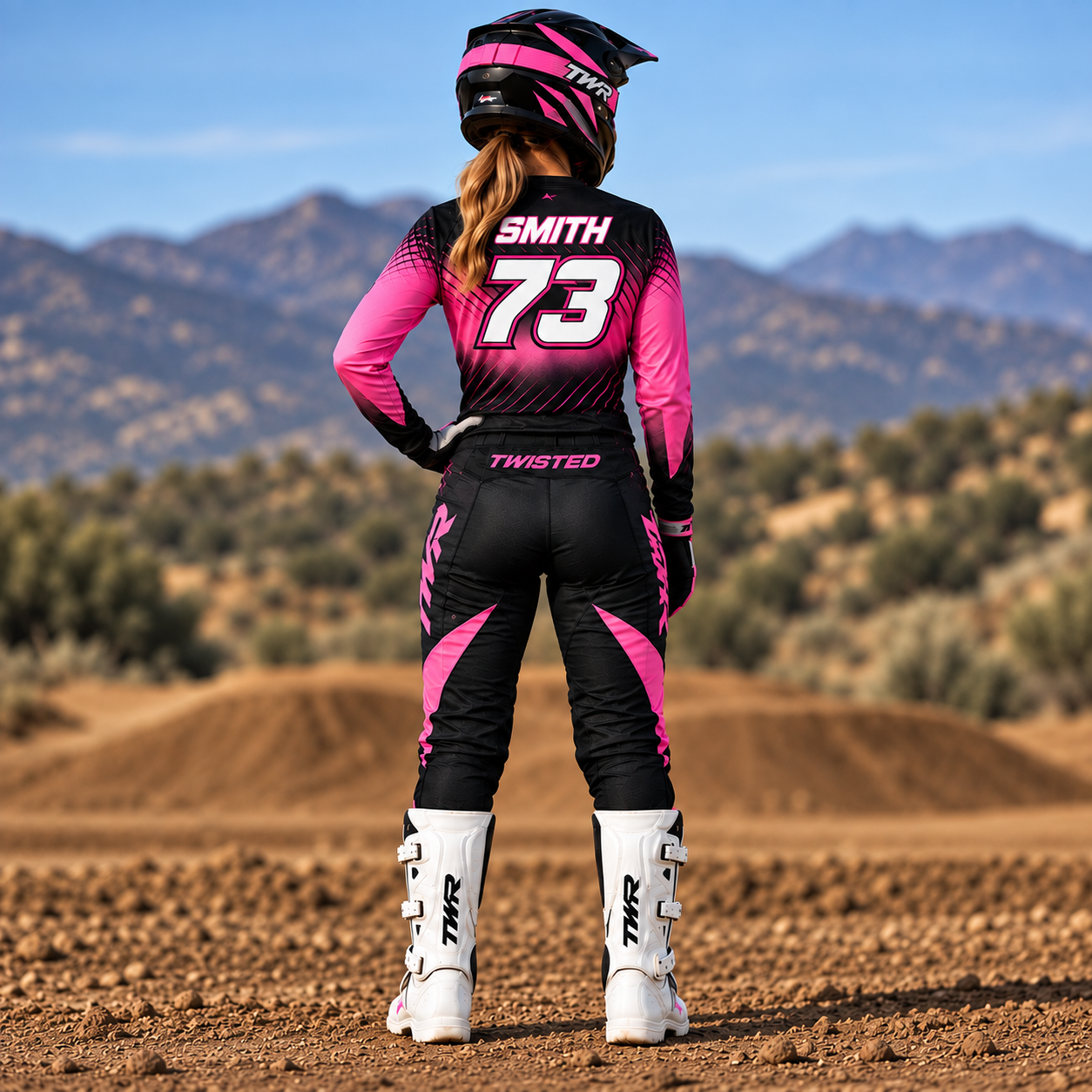 TWR Women's UntamedMX Riding Gear, Black, Pink, White, Rear View.PNG