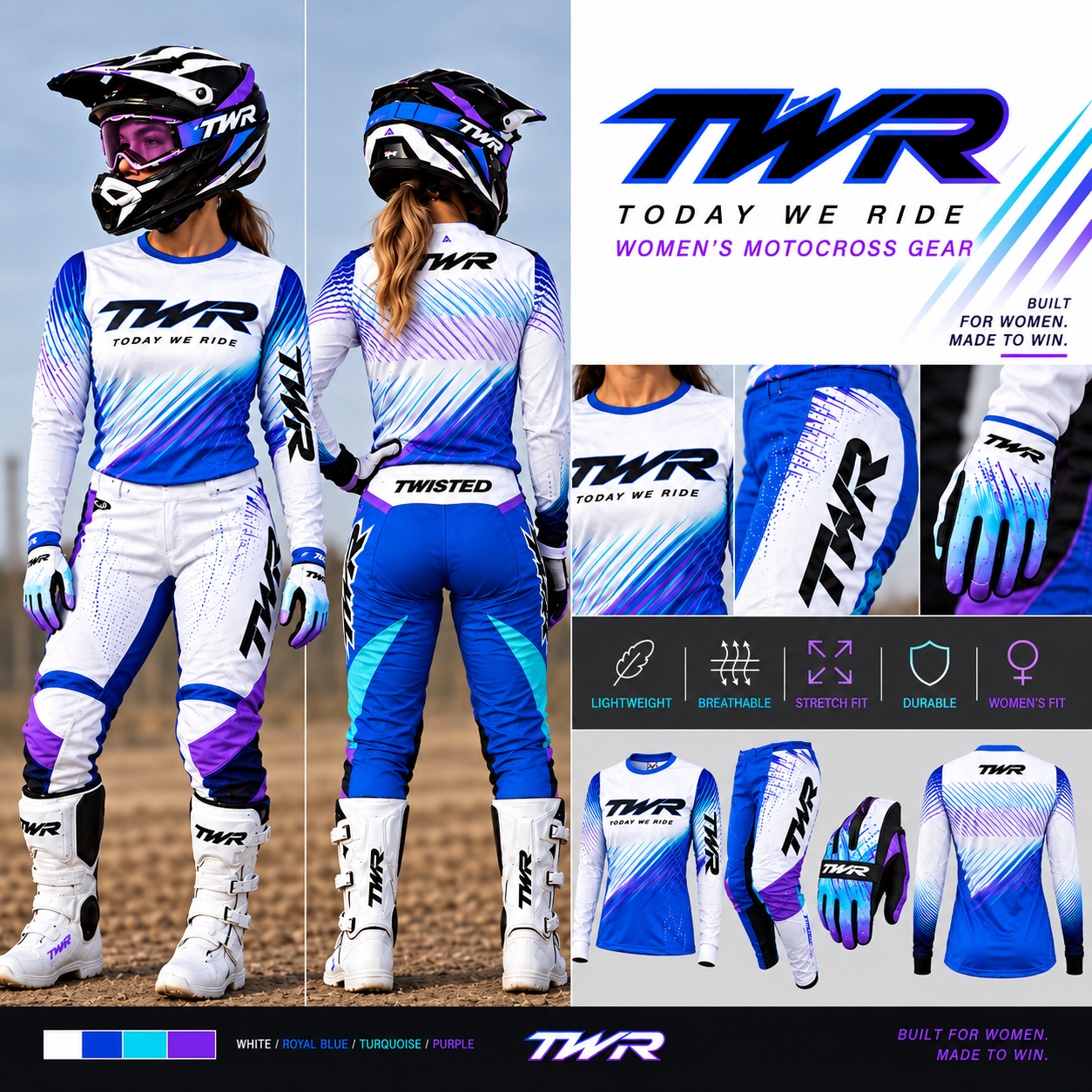 TWR Womens MX Riding Gear, White, Blue, Purple, Teal, Black.PNG
