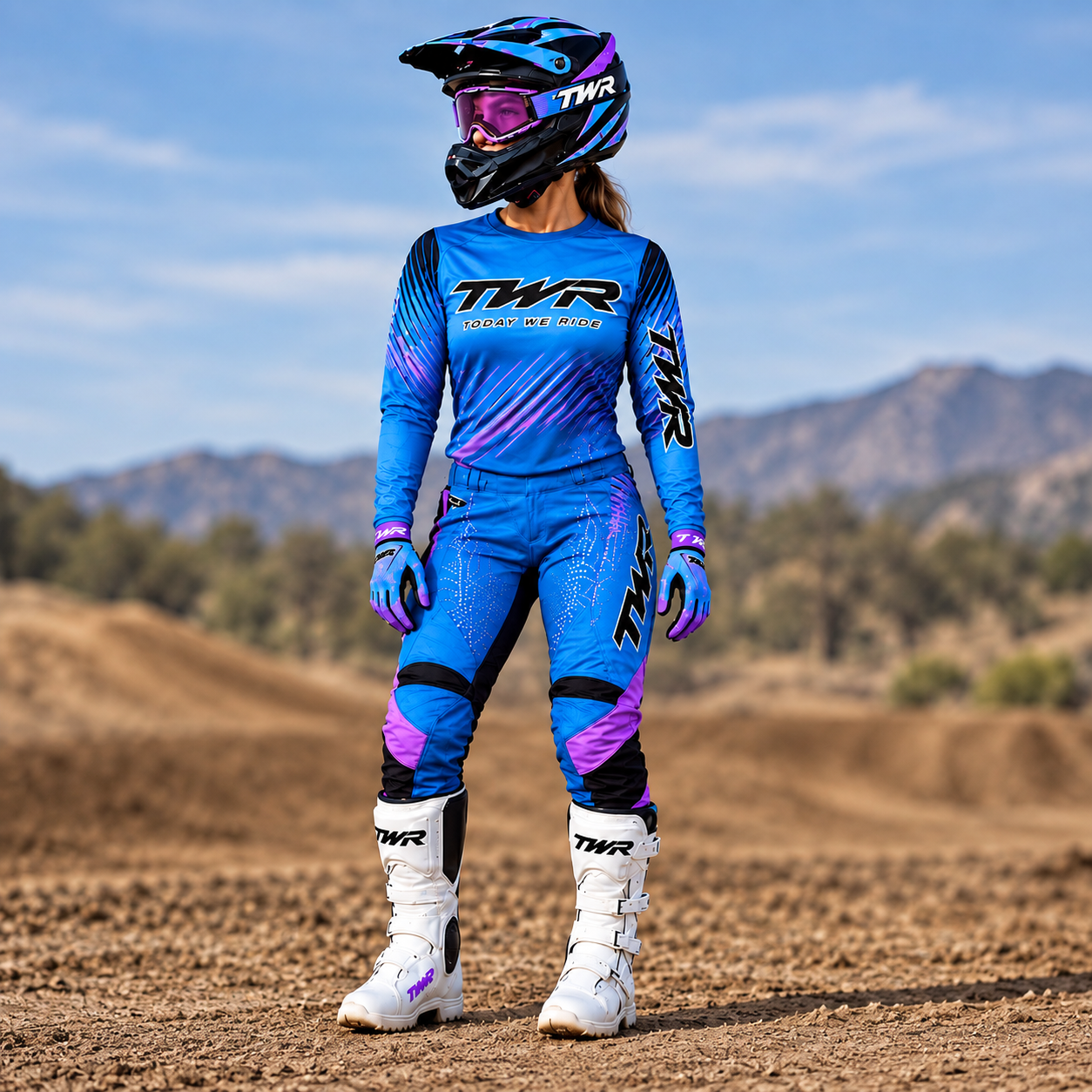 TWR Womens MX Riding Gear, Blue, Purple, Black, Front View.PNG