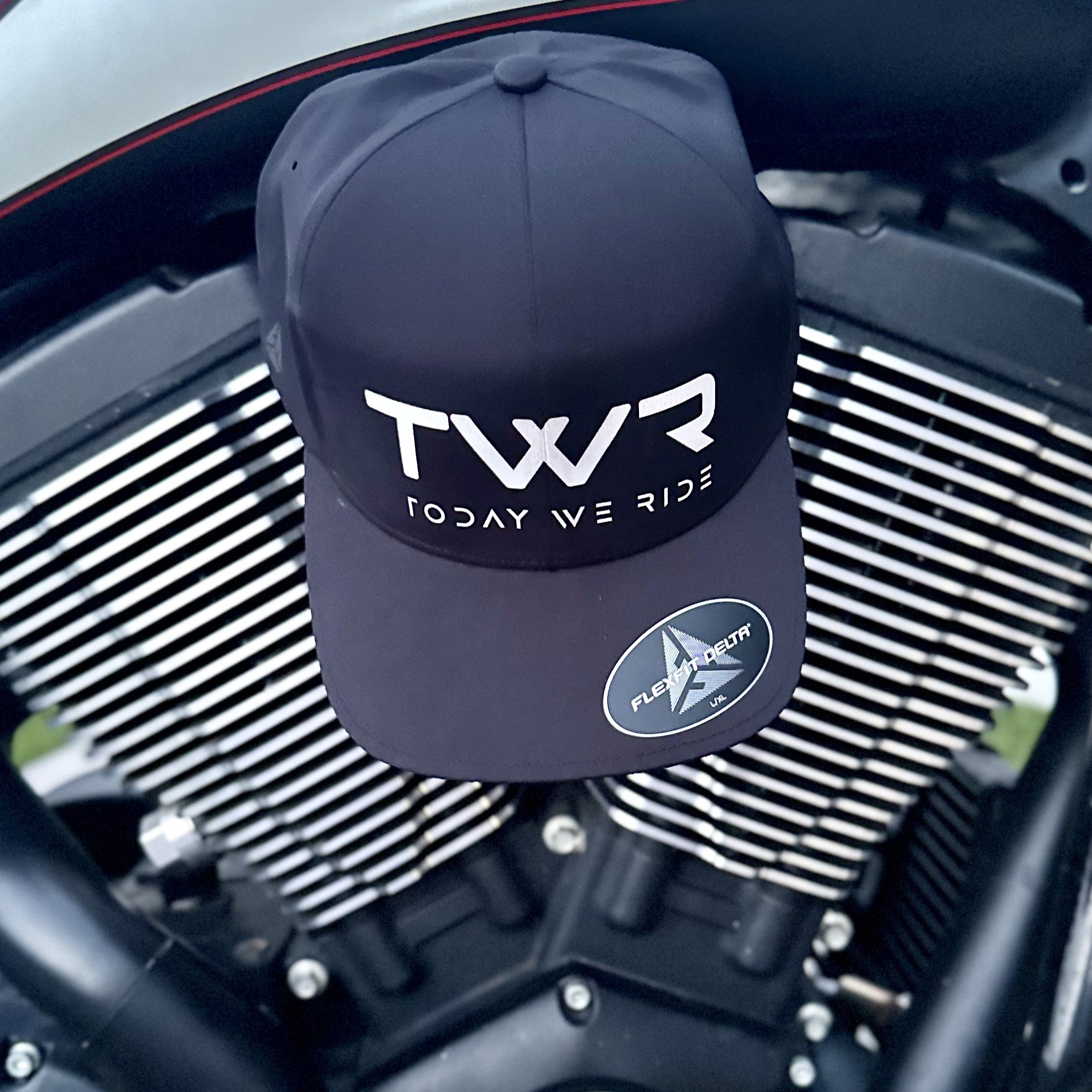 TWR Today We Ride Black Flexfit Delta Hat Motor Background.jpeg