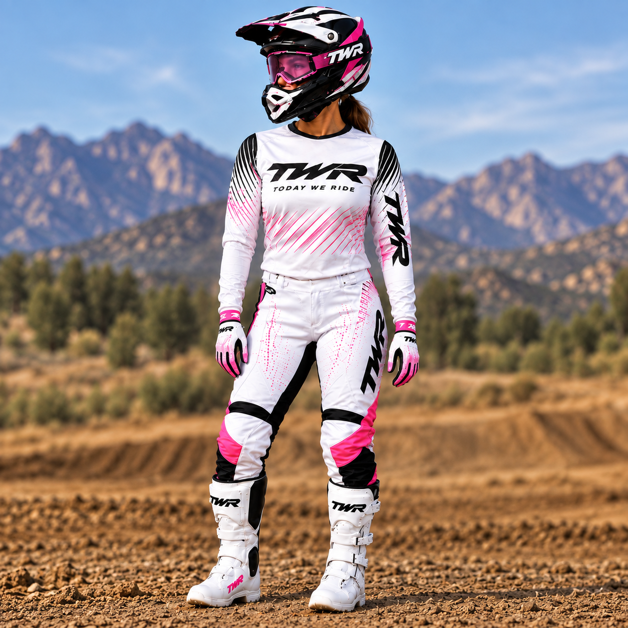 TWR Womens MX Riding Gear, White, Pink, Black, Front View.PNG