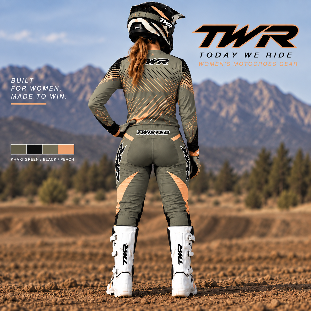 TWR Womens MX Gear, Olive, Peach, Black, Rear View.PNG