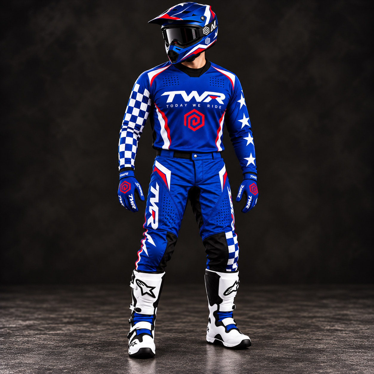 Blue, Red & White TWR Motocross Gear Set, Front View (2).PNG