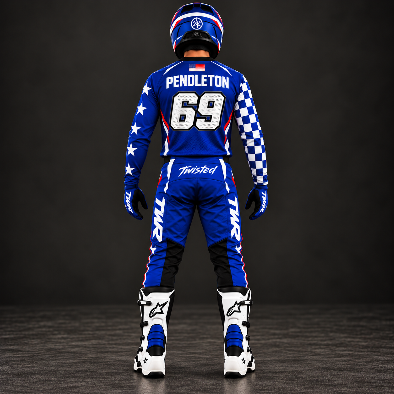 Blue, Red & White TWR Motocross Gear Set, Rear View.PNG
