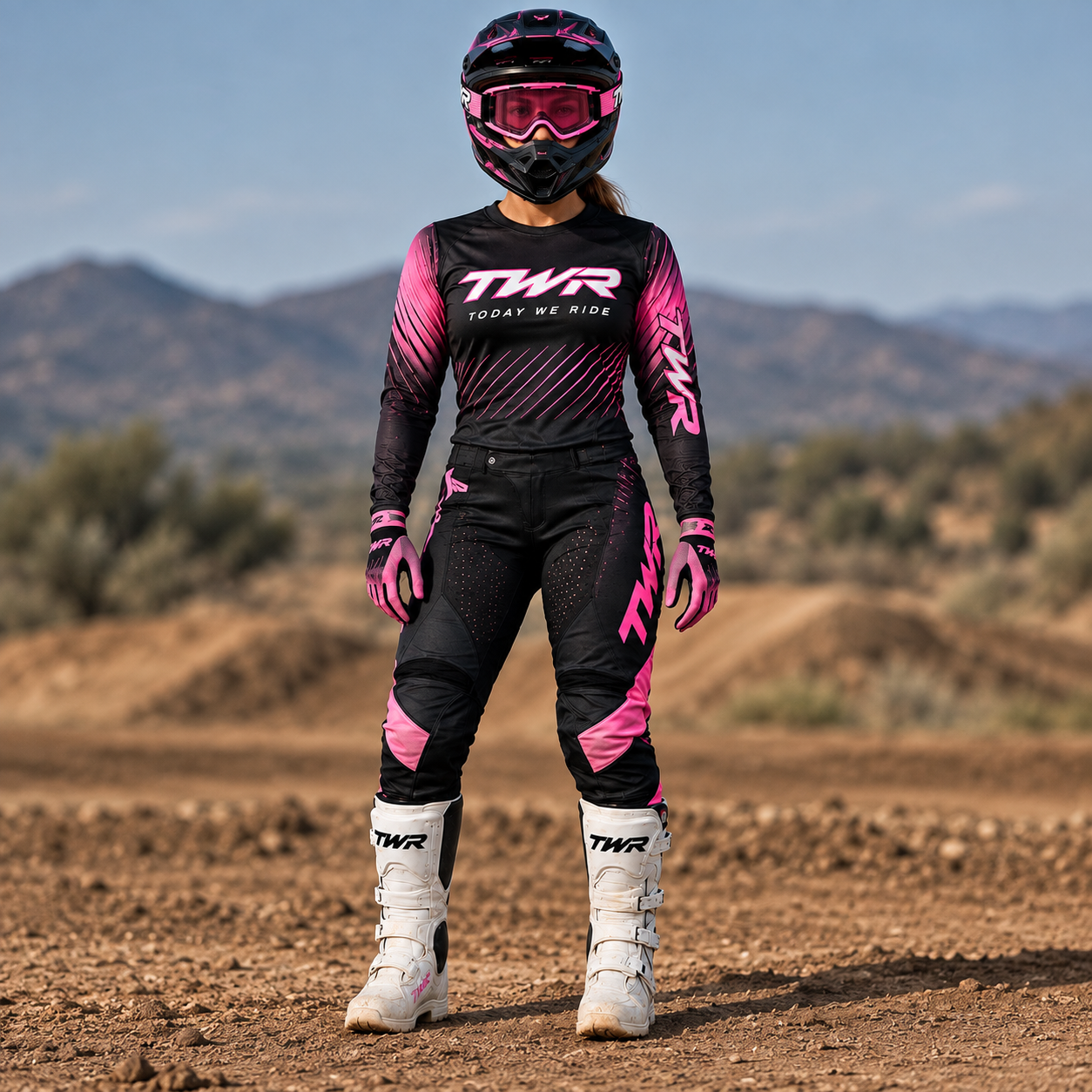 TWR Women's UntamedMX Riding Gear, Black, Pink, White, Front View.PNG