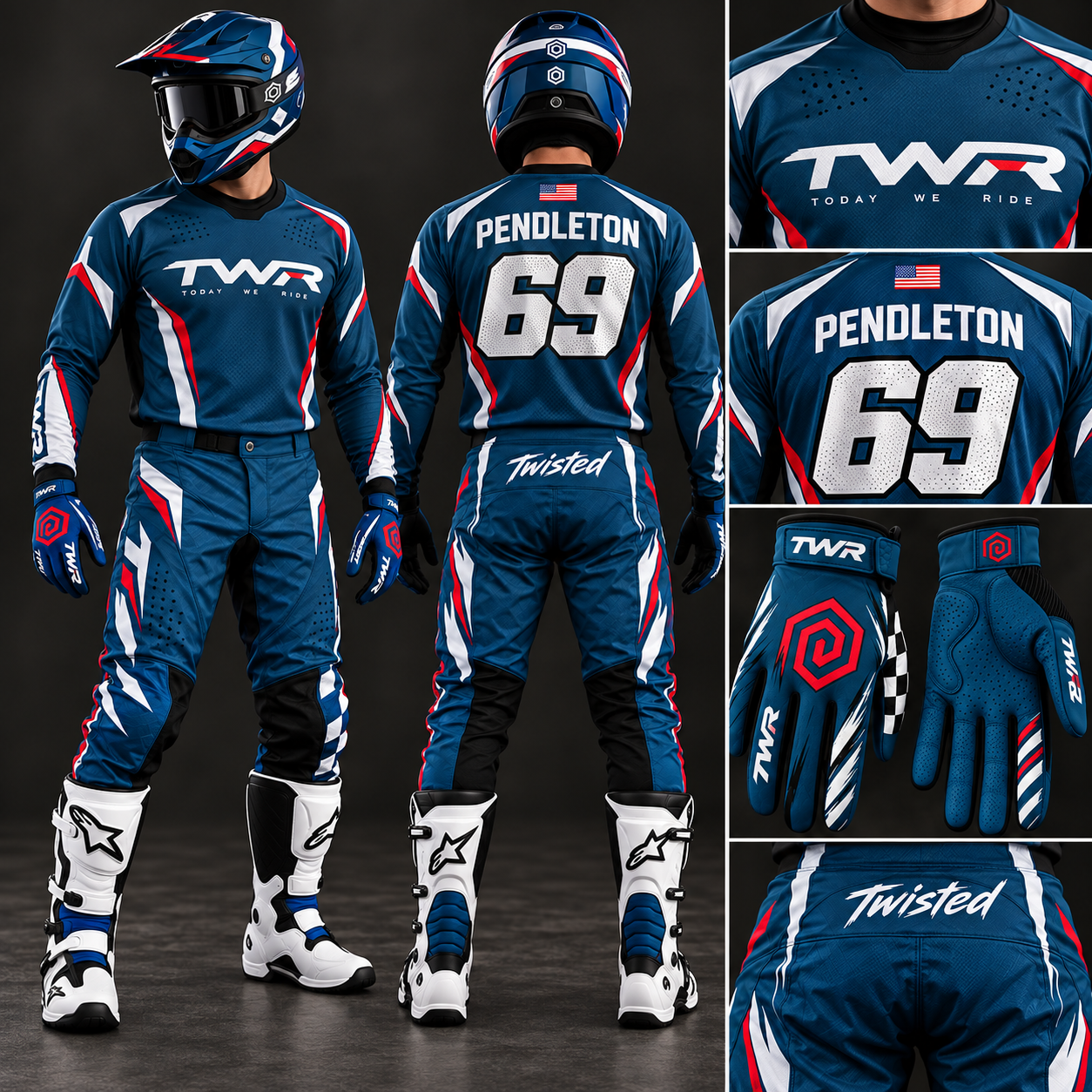 Deep Blue Motocross Gear Set | Jersey, Pants & Gloves