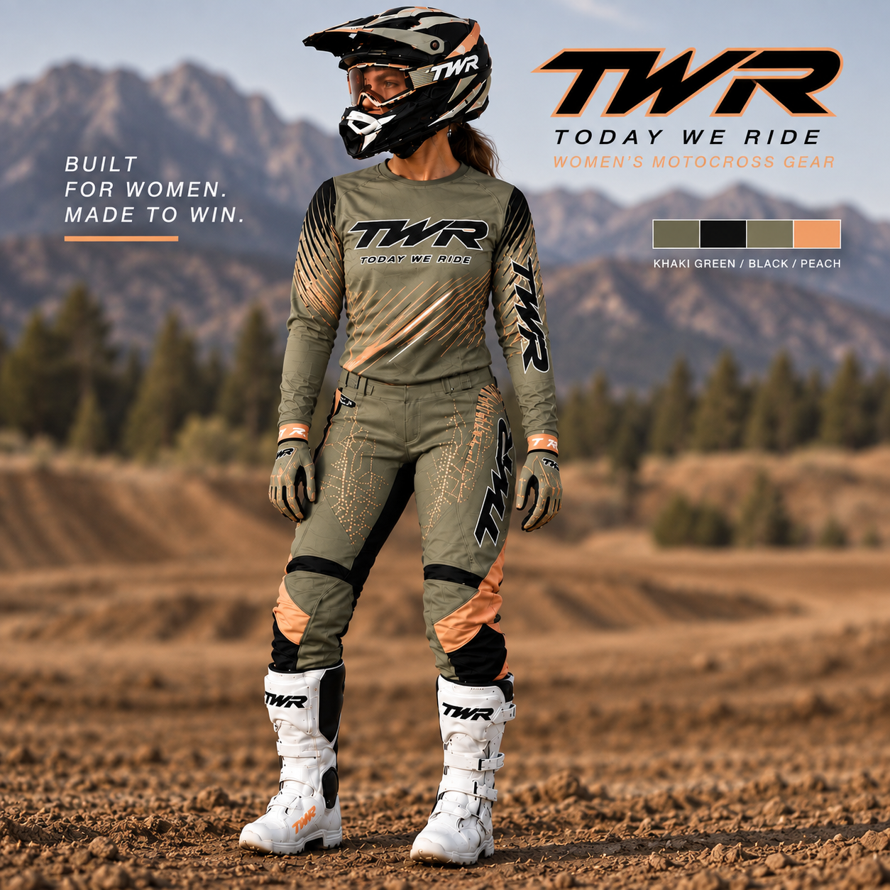 TWR Womens MX Gear, Olive, Peach, Black, Front View.PNG