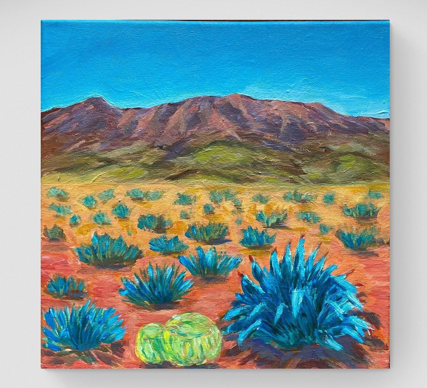 acrylic painting original western desert mountain landscape blue agave