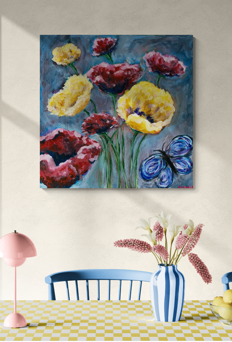 Original acrylic painting titled 'Spring Tulips,' featuring vibrant tulip flowers on a 20x20 stretched canvas