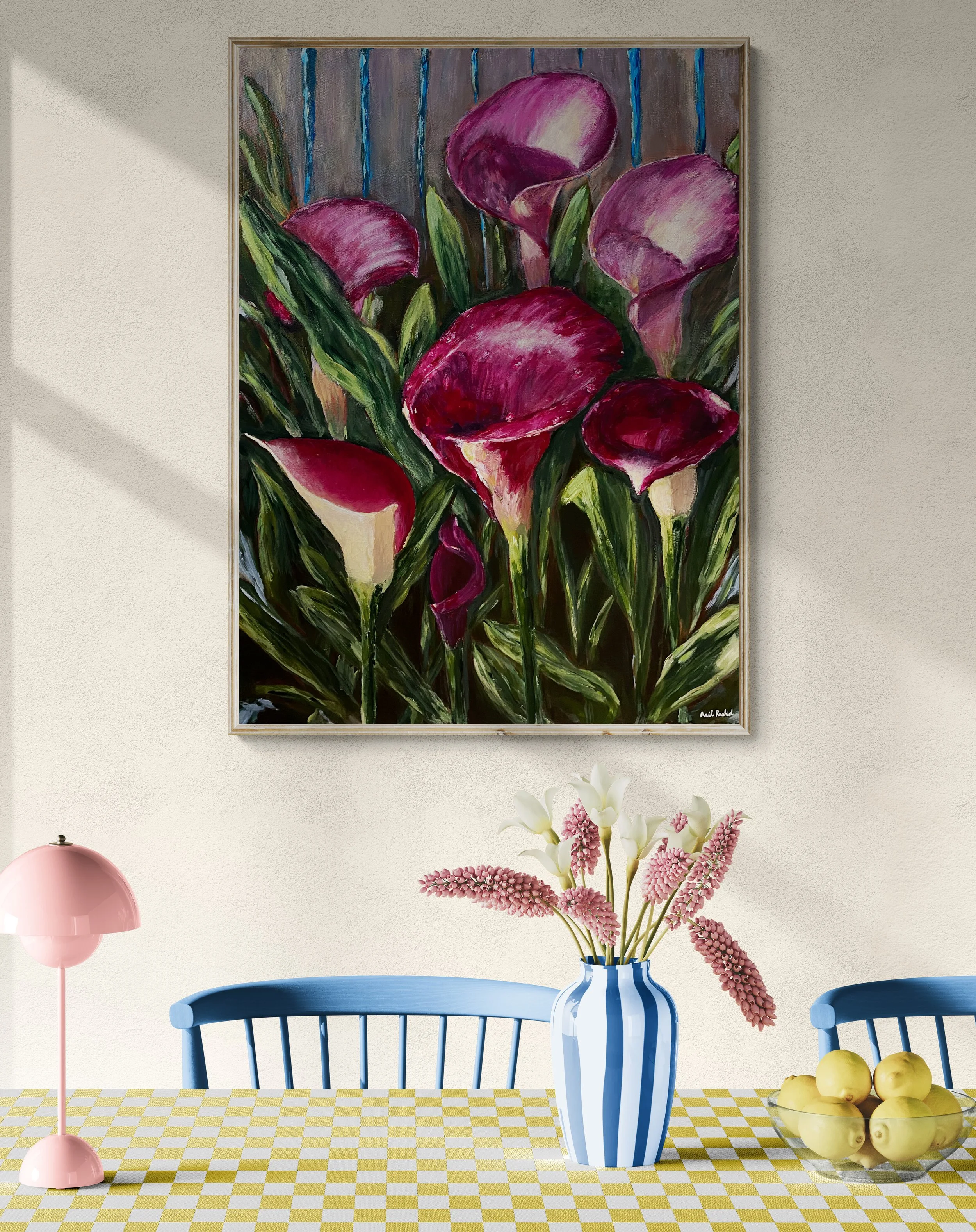 pink lilies with green leaves large painting