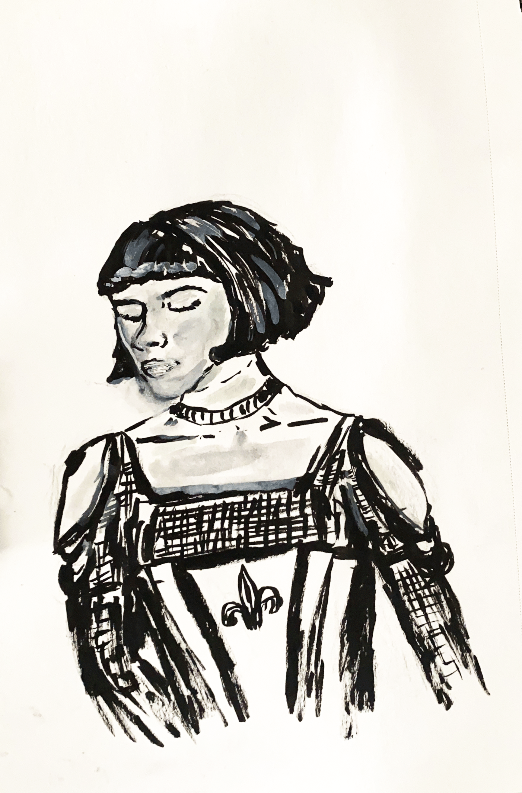 ink illustration of woman in Joan of Arc costume.png