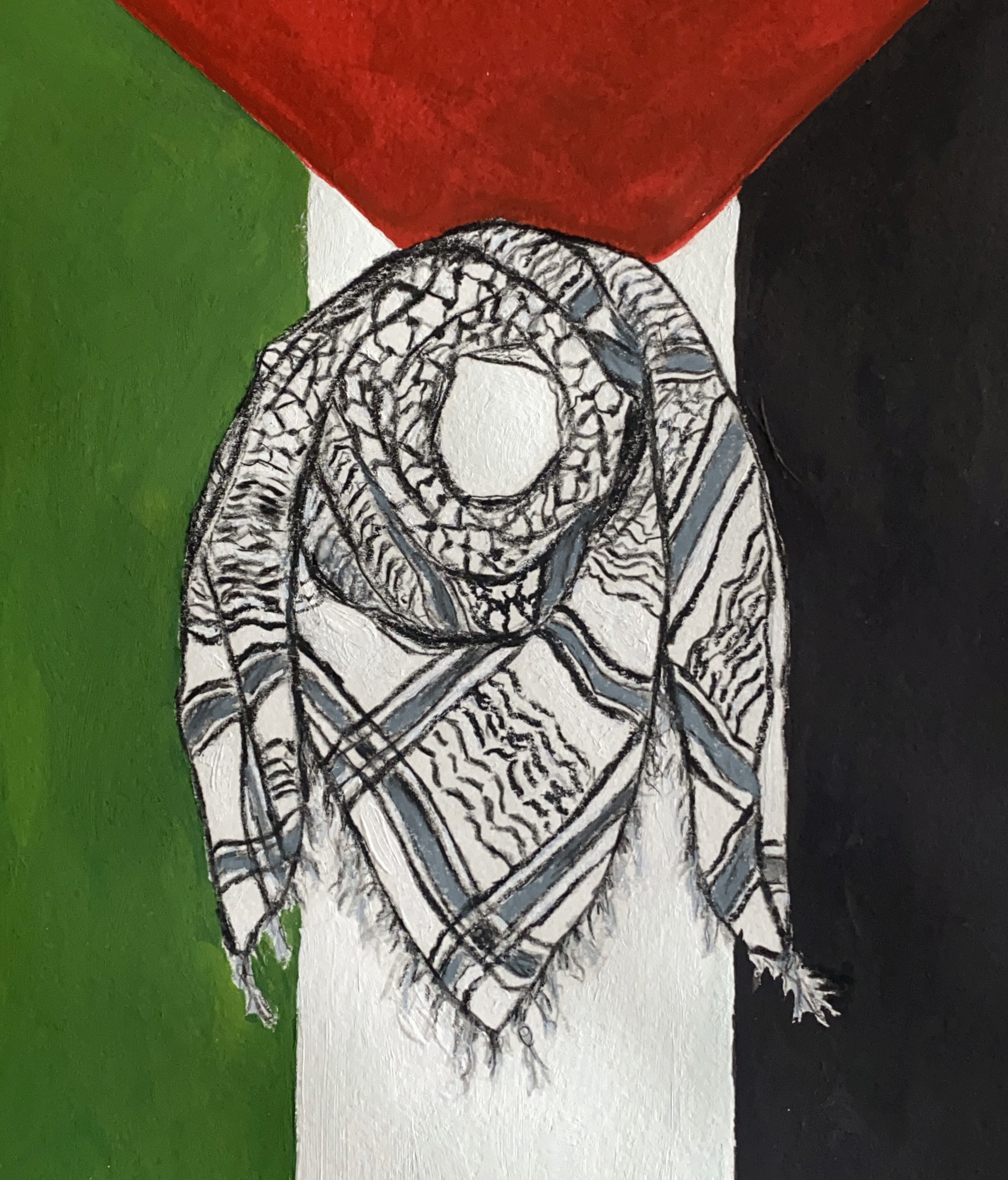 Black and white Palestinian keffiyeh wrapped on background of Palestine flag close up.png