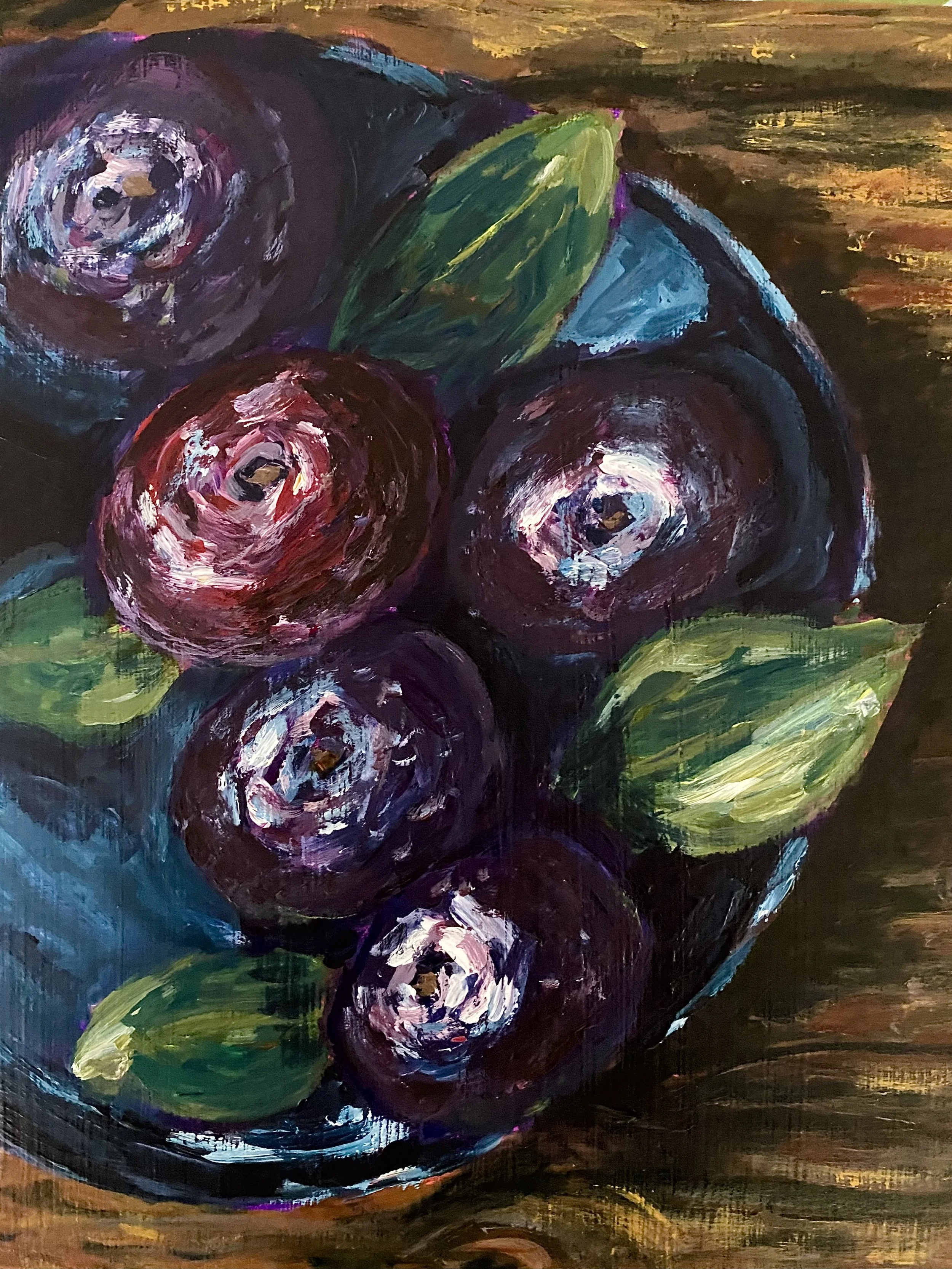 Day 9: "Plums", acrylic on wood panel, 10x8".