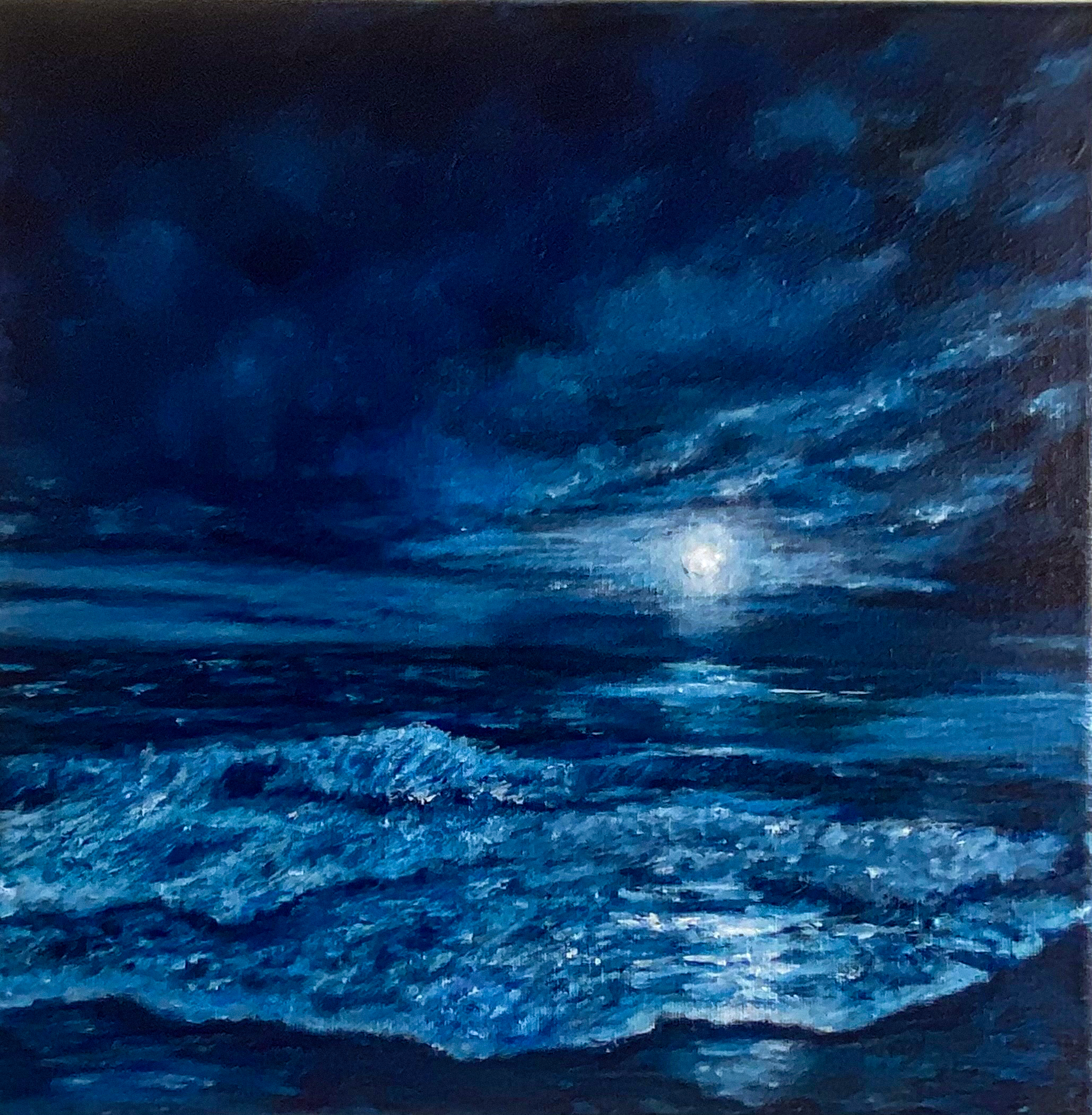 Original Painting Acrylic on Canvas Seascape Night Scene Coastal Wall Art "Hawaiian Moontide" 12' x 12"