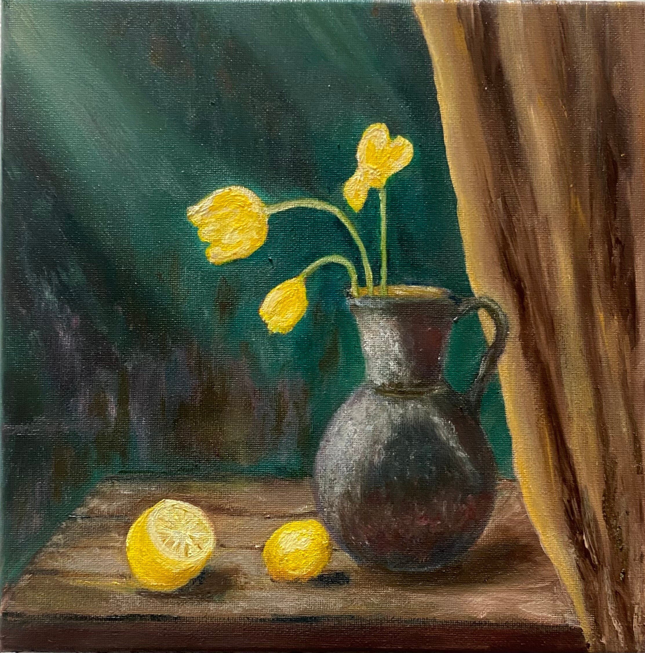 Painting Oil on Canvas Original Art Still Life Vintage Jug with Tulips and Lemons 10" x 10"