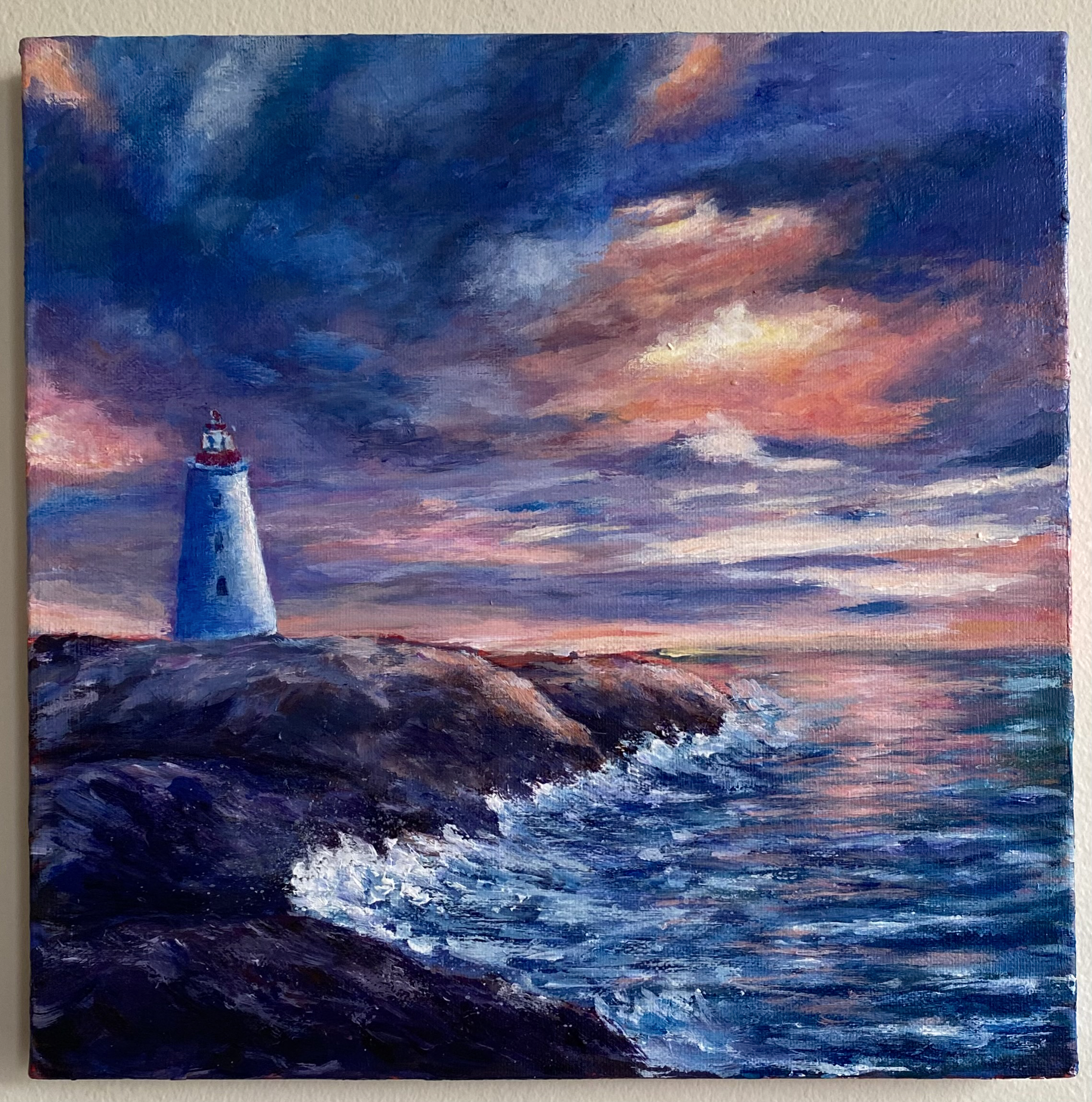 acrylic seascape original coastal wall art sunrise over peggy's cove lighthouse nova scotia, Handmade coastal artwork, Vanilla Sky Over Peggy’s Cove acrylic painting