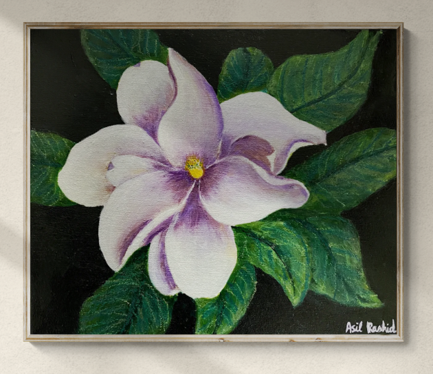acrylic on stretched canvas painting white magnolia with green leaves
