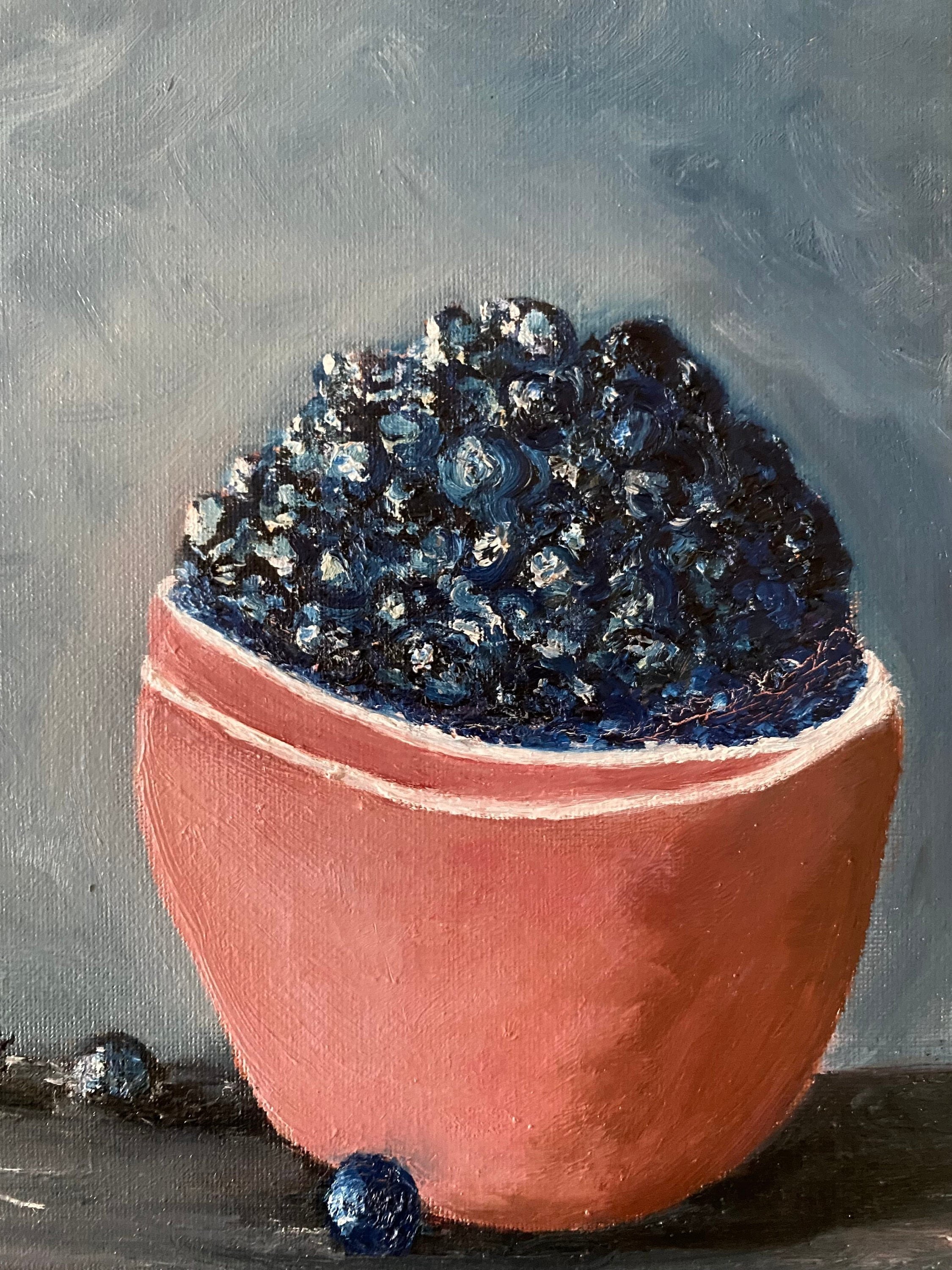 Painting Oil on Canvas Original Art Still Life with Fruit Bowl with Blueberries 10" x 10"