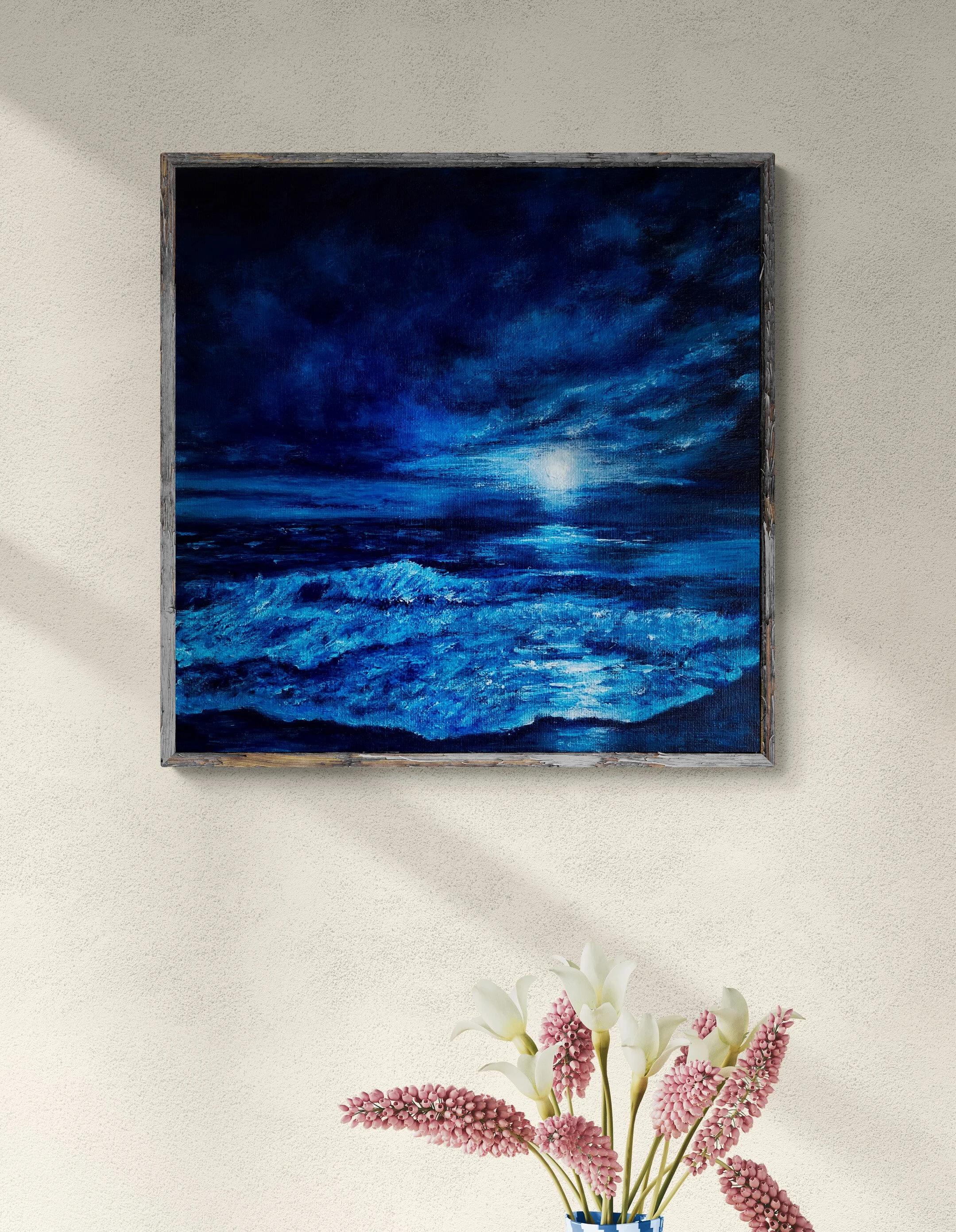 acrylic painting original seascape moonlight on ocean night scene