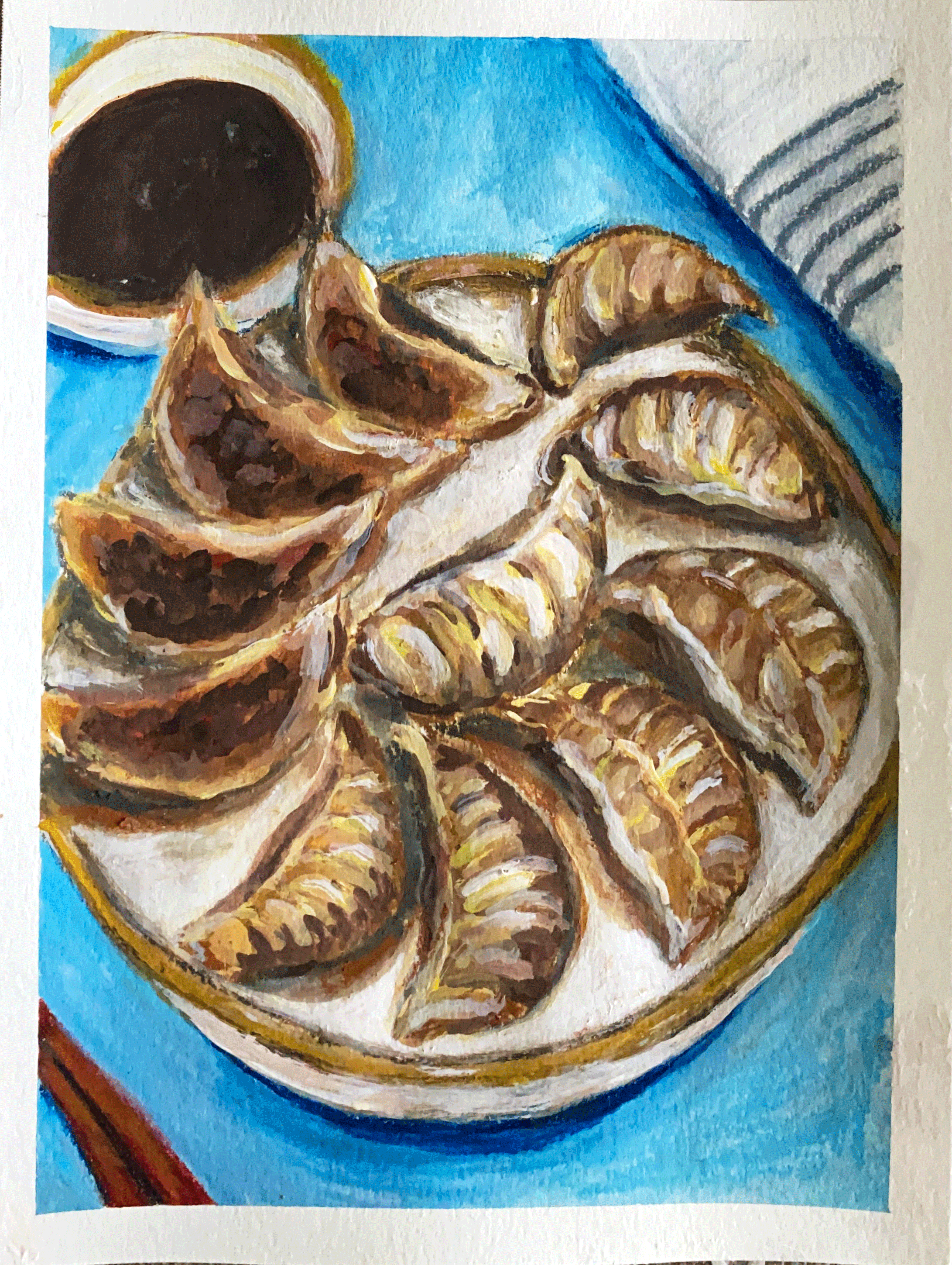 Day 68/365: "Dumplings", wax pastels and gouache on watercolor paper, 12x9"