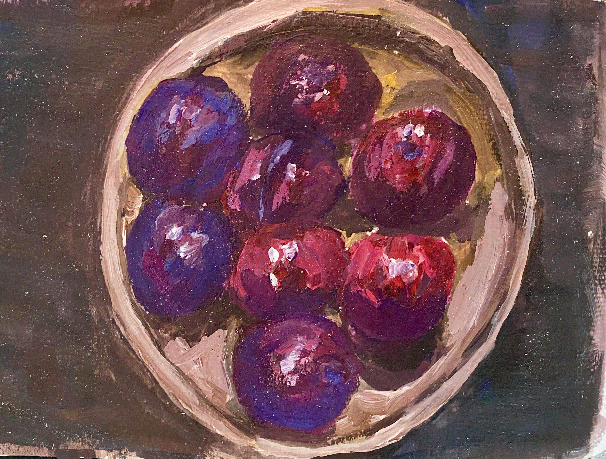 "Plums on Wooden Tray", gouache on watercolor paper, 8.5x11.75"