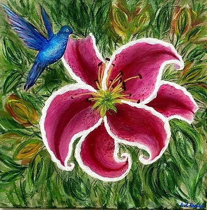 Original Acrylic Floral Painting Tiger Lily with hummingbird