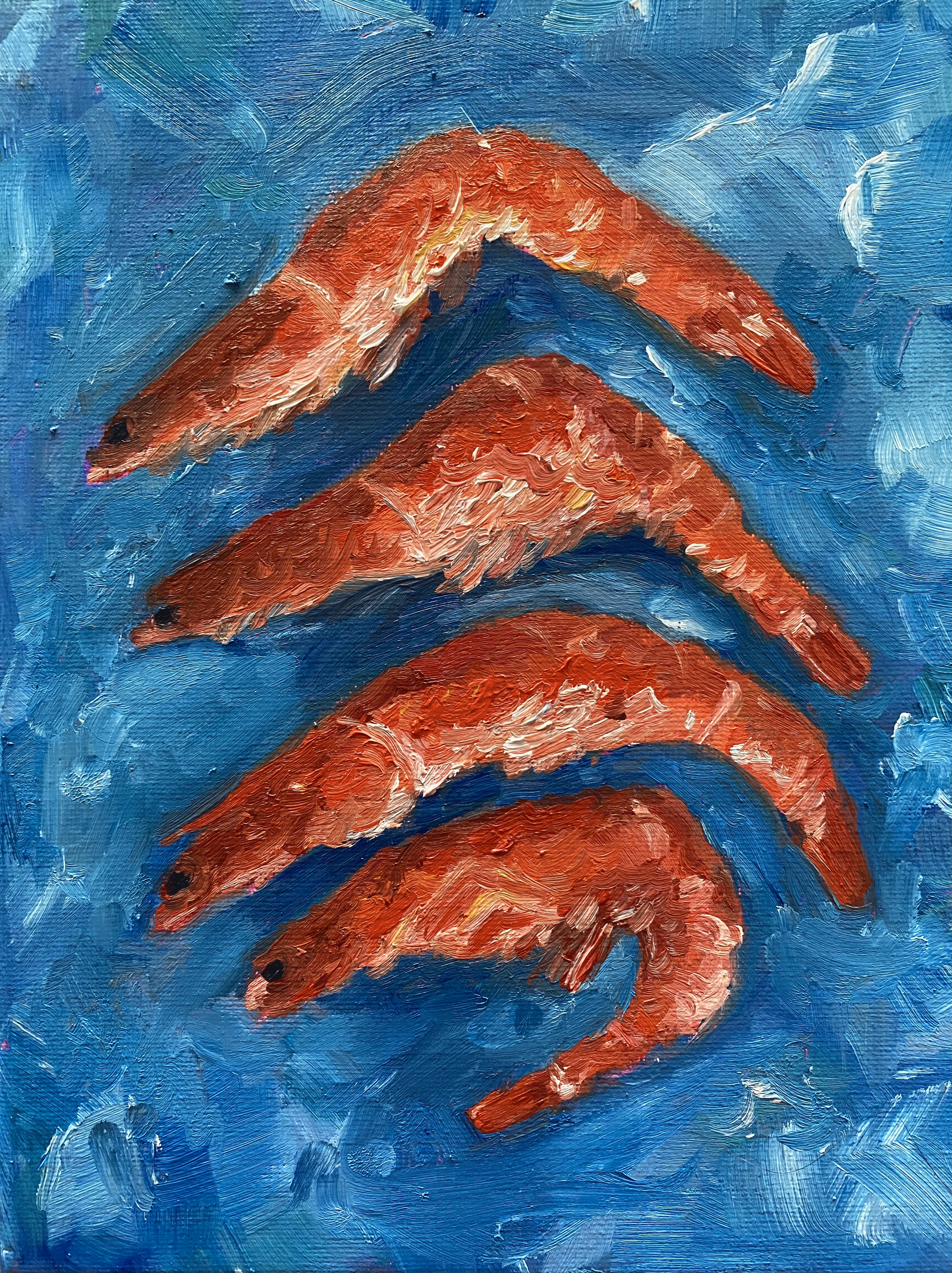 “Shrimps on blue”, water mixable oil on stretched canvas, 10x8”.